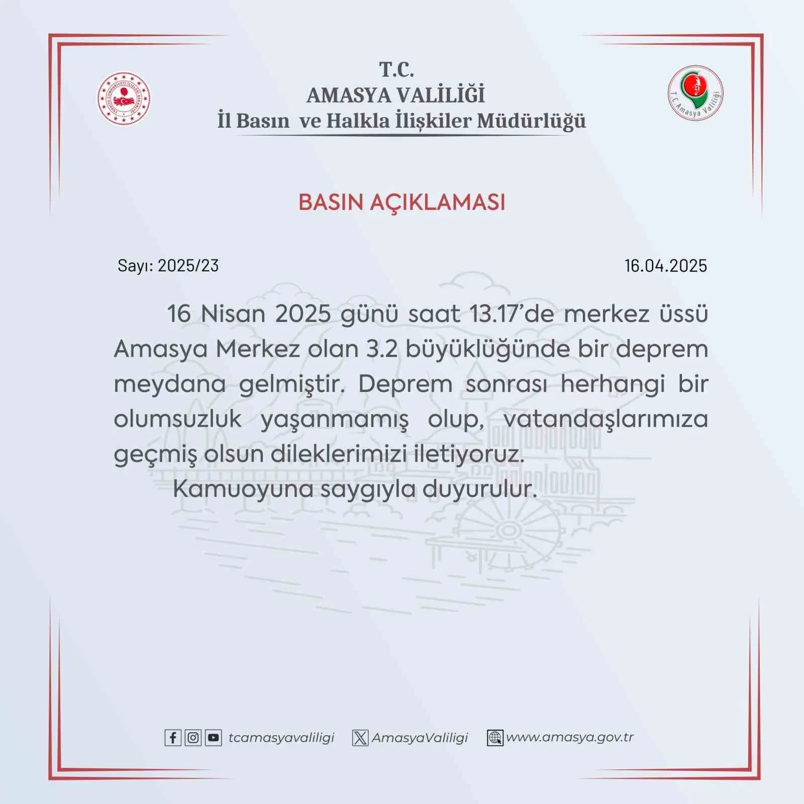 Amasya Valiliği’nden 3.2 depremle ilgili açıklama: “Bir olumsuzluk yok”