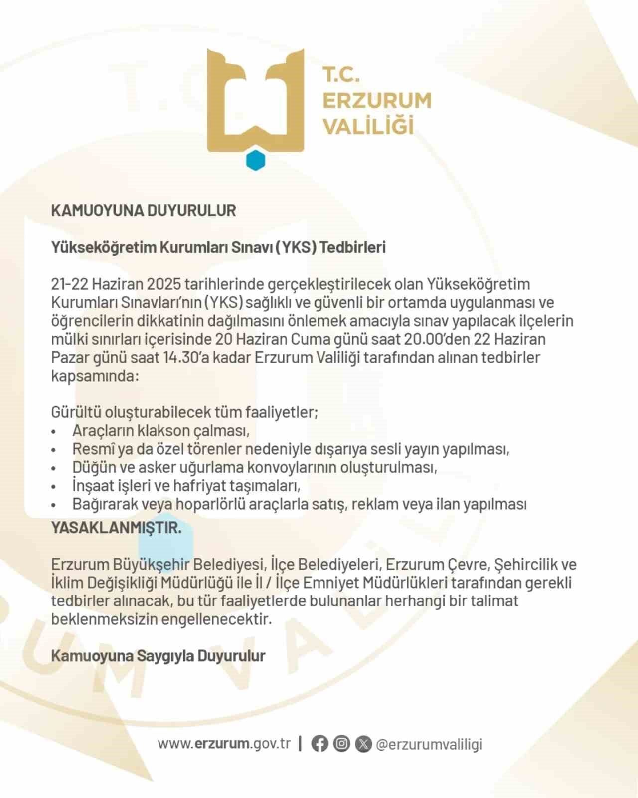Erzurum Valiliği’nden YKS önlemleri