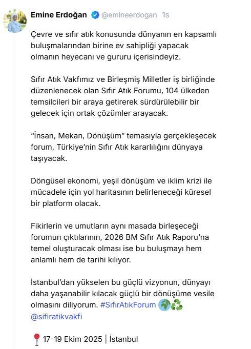 Emine Erdoğan’dan “Sıfır Atık Forumu” paylaşımı: